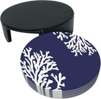 6 Pcs Coral Navy Blue Nautical Coastal Ocean Theme Marine Leather Coasters - Image 4