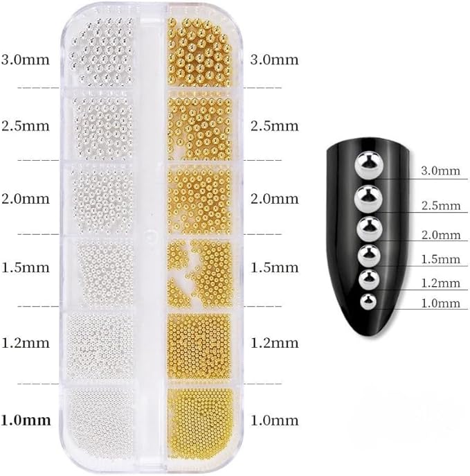 0.8mm Caviar Beads for Nails 6 Sizes Mini Small Stainless Steel Nails Art Decorations Gun Grey Beads DIY Tool Studs Accessories Gold Charms for Nails Small Gems Variety Pack(Yellow)