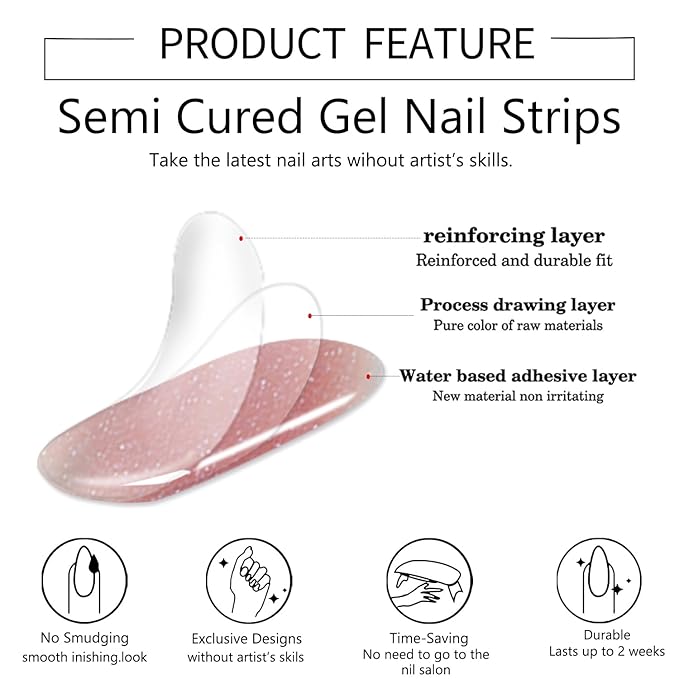 WOKOTO 1 Sheet Semi Cured Gel Nail Strips With Wood Stick, Nail File & Prepared Pads, 20 Tips Transparent Red Glitter Semi Cured Nail Polish Strips Stickers, Harden With UV Light Gel Nail Stickers
