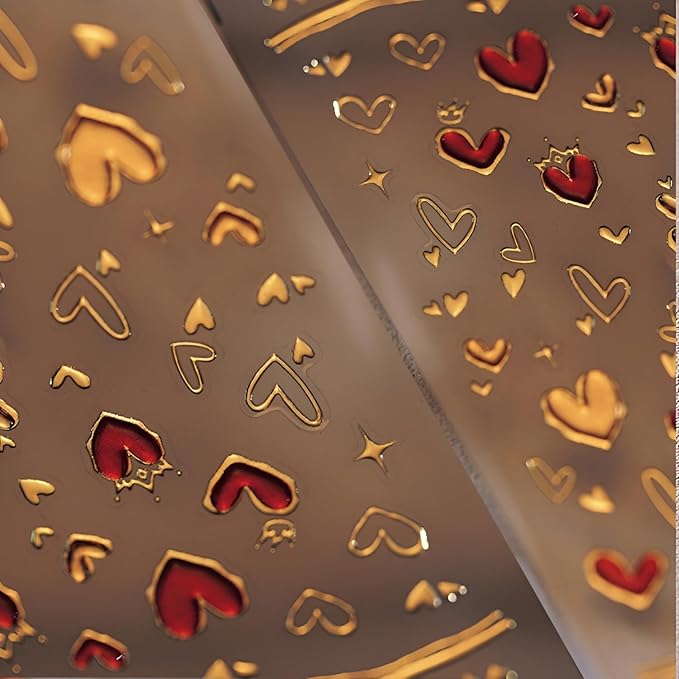 Red Valentine's Day Nail Stickers - 5D Embossed Heart Decals for Nail Art Design - Gold Heart Supplies for Women DIY Manicure Decoration