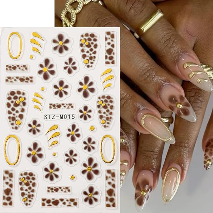 Flower Nail Art Stickers Decals French Tip Flower Nail Decals 4PCS Brown Wine Red Blue Flowers Petals Golden Circle Polka Dot Design Nails Adhesive Stickers for Women Fall Winter Nail Art Decorations