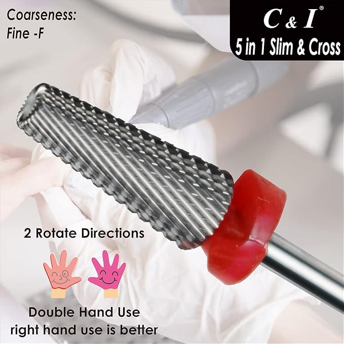 C & I 5 in 1 Nail Drill Bit, Cross & Slim Edition, Professional Nail Drills for Electric Manicure Drill Machine (Fine -F)