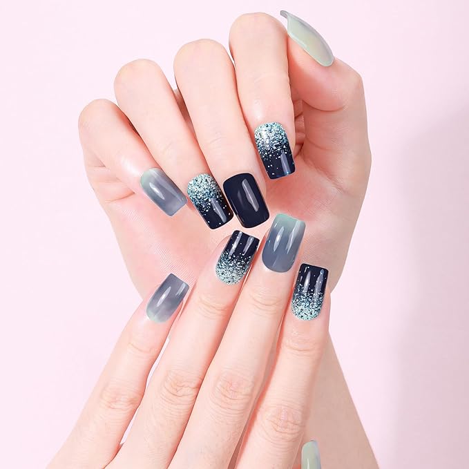 WOKOTO Semi Cured Gel Nail Strips (Black Gradient)-16 Pcs Gel Nail Stickers | Gel Nail Wraps | UV Light Required, Salon Quality & Easy to Use, Real Nail Polish Strips Stick On Nails with Nail File
