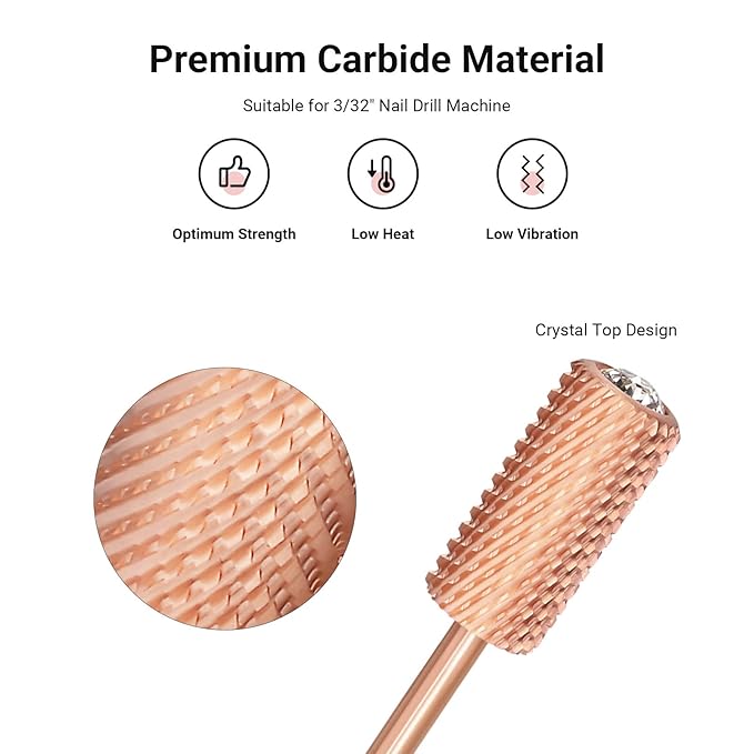 MelodySusie Crystal Top Nail Drill Bits, 3/32'' Large Barrel Carbide Bits, Suitable for Manicure Pedicure Cuticle Gel Polishing, Beginners Bits, Rose Gold, Series Bit-S, Coarse