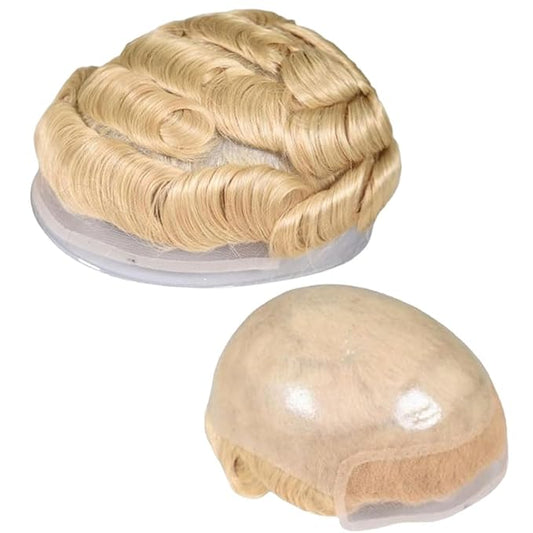 Human Hair Toupee for Men 10x8 Inch,European Human Hair Lace Front Natural Hairline Hair Pieces with 0.06mm Thin Skin PU V-looped Men's Hair Replacement System (#22 color,100% human hair)