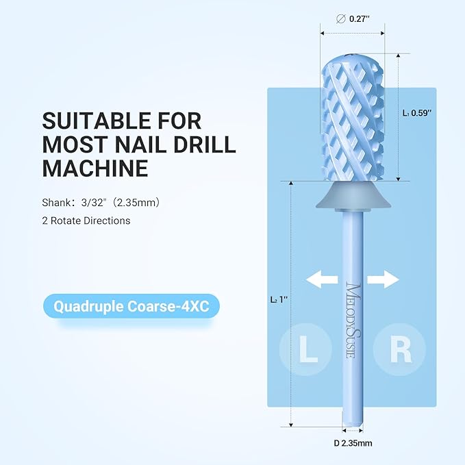 MelodySusie Safety Nail Drill Bits, 3/32'' Smooth Round Top Large Barrel Carbide Bits, Suitable for Manicure Pedicure Cuticle Gel Polishing, Beginners Bits, Light Blue, Series Bit-S, 4XC