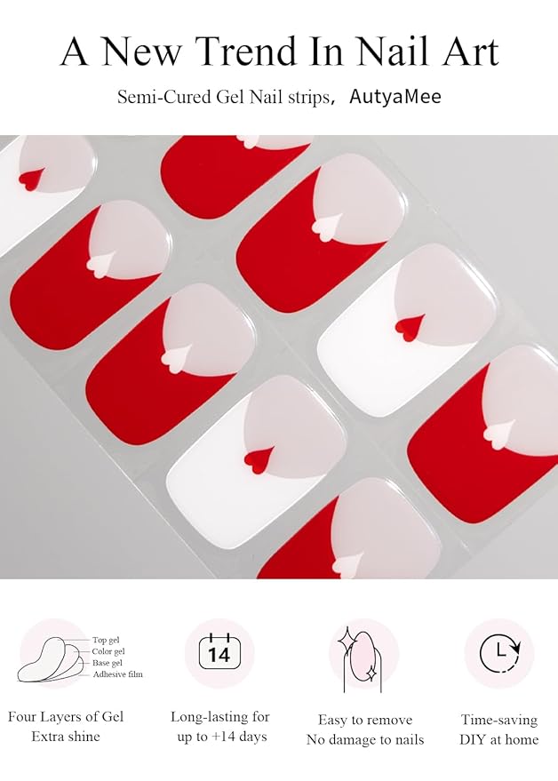 Semi Cured Gel Nail Strips (French Love Red & White)
