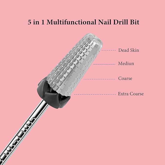 5 in 1 Nail Drill Bits, 3/32”Professional Carbide Drill Bits for Nails Multifunction Bit, Fast Remove Acrylic Hard Gel Cuticle Nail Efile Bit Manicure Pedicure,Two Way Rotate,XC