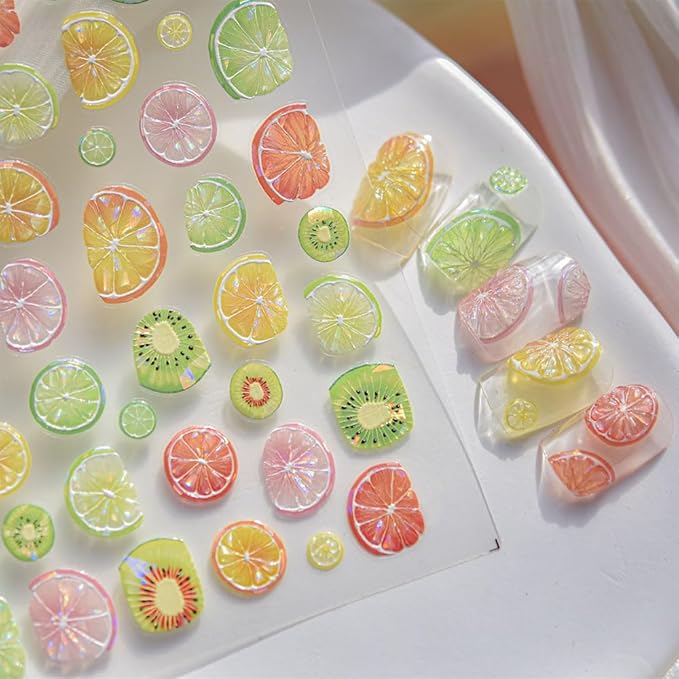 5D Embossed Fruit Nail Art Stickers, Lemon Kiwi Design, Colorful Summer Nail Decals, 2 Pieces