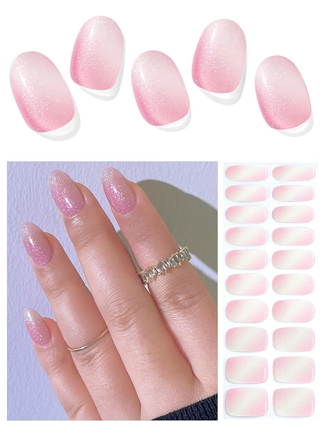 Semi Cured Gel Strips | Pink Glitter Gradient 20pcs Sticker | UV Wraps for Home DIY Nails