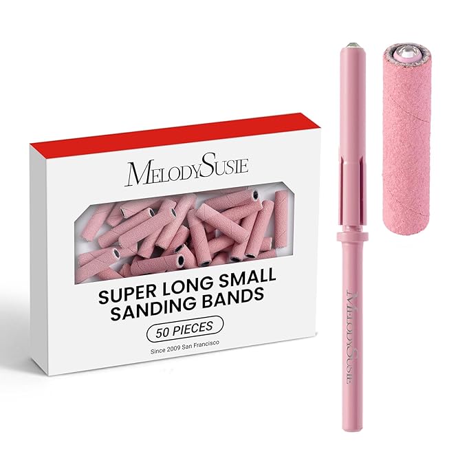 MelodySusie 50 Pcs Nail Drill Bits Super Long Small Sanding Bands with 3.1mm Crystal Mandrel Bit, 240 Extreme Fine Grit Nail File for Acrylic Nails Gel Manicures and Pedicure, Pink