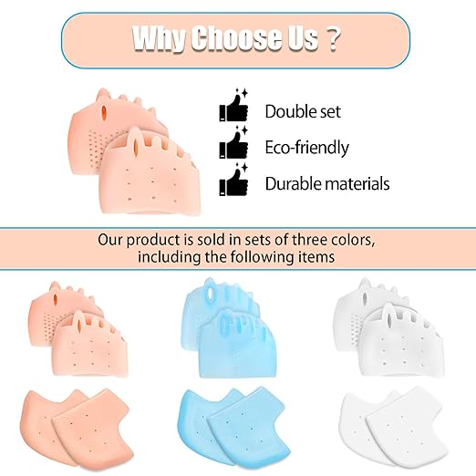 3 Set Silicone Toe Separators and Gel Heel Protectors for Women & Men, Bunion Corrector Cushion, Metatarsal Pads, Ball of Foot Cushions, Breathable Soft Gel Foot Cushions, Silicone Heel Cups