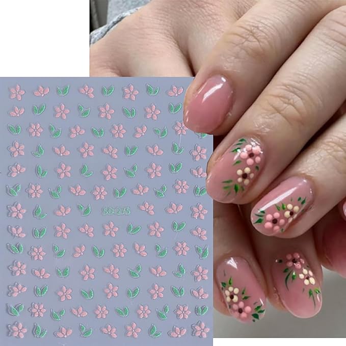 6 Sheets Flower Nail Stickers for Nail Art Pink Purple White Flowers Nail Decals French Line Bow Nail Art Stickers 3D Self-Adhesive Leaf Daisy Nail Decoration for Women Girls Nail Design Supplies