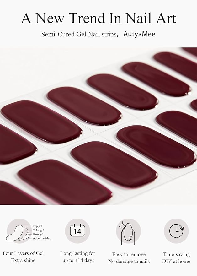 Semi Cured Gel Nail Strips (Burgundy Red), 20 Pcs Gel Nail Wraps, Stickers, UV Light Required, Salon Quality, Long Lasting