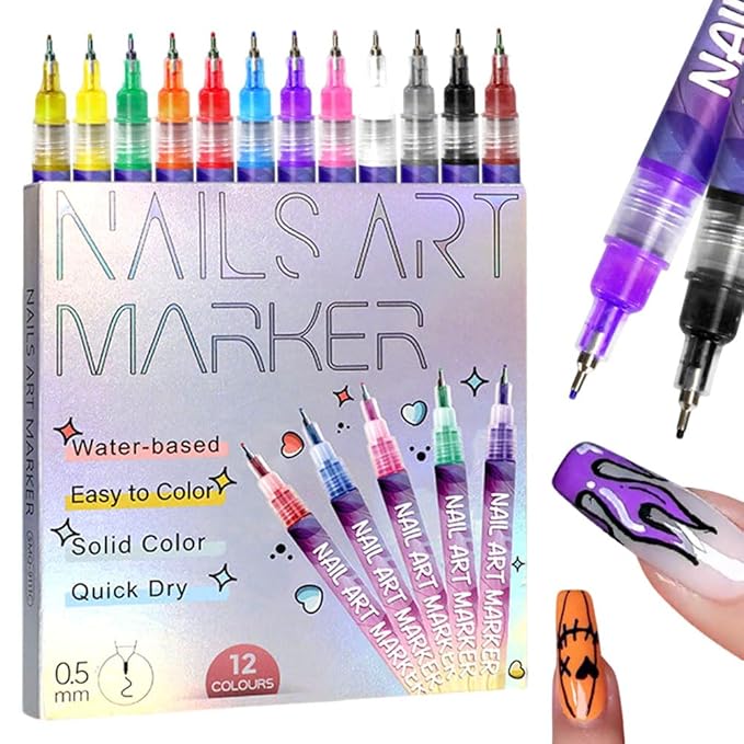 12 Colors Nail Art Pens Set, 2026 New Nail Art Markers for Gel Nails, 3D Nail Polish Pens Quick Drying Graffiti Dotting Point Liner Pens Acrylic Paint Pens Kit for DIY Nail Art (1 Set)