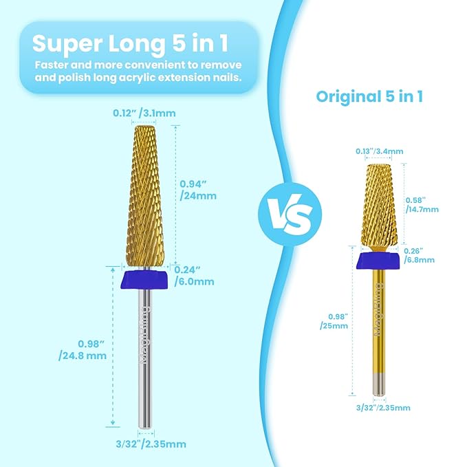 24mm Super Long 5 in 1 Nail Drill Bits, Professional 3/32'' Tungsten Carbide Bits, Fast Gel Removal for Long Acrylic Nails, Left Right Hand Use, Manicure Cuticle Hard Gel Polishing, Double Coarse