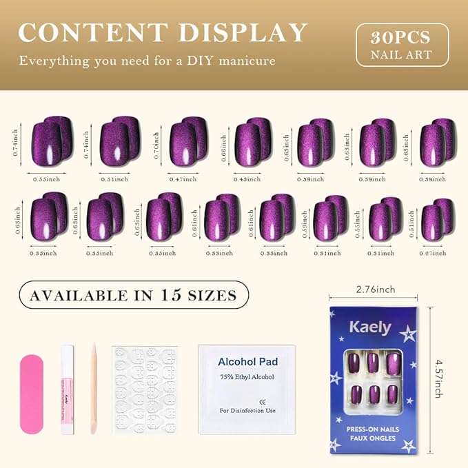 evpct Purple Cat Eye Press on Nails Short Square, Short Square Glue on Fake Nails for Women Gift, Dark Purple Metallic Glitter Glossy Reusable Soft Gel Stick Press on Acrylic False Nail with Designs