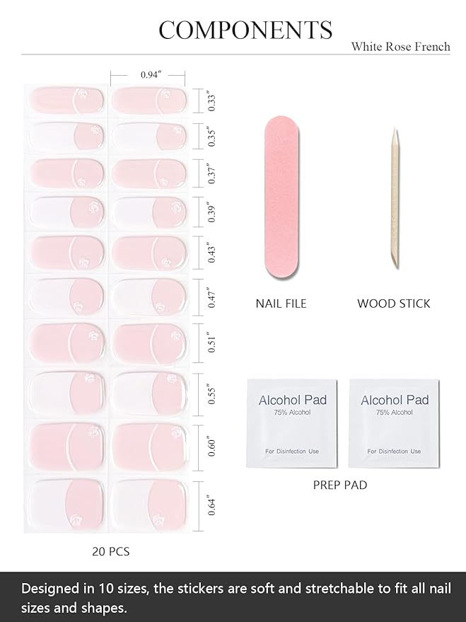 Semi Cured Gel Nail Strips (White Rose French), Chrome, 20 Pcs Gel Nail Wraps, Stickers, UV Light Required, Salon Quality, Long Lasting