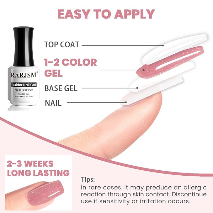 RARJSM Nude Glitter Rubber Base Gel Nail Polish Rose Pink Sparkle Rainbow Iridescent Sheer Rubber Base for Nails Brush on Extend Builder Hard Gel Curing Requires 15ml Home Salon French Manicure