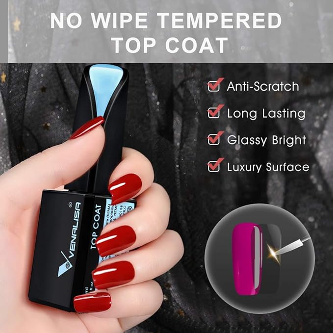 VENALISA 15ML No Wipe Tempered Top Coat - Scratch Resistant High Gloss Soak Off Gel Nail Polish Finish Long Lasting Set Gel Nail Kit
