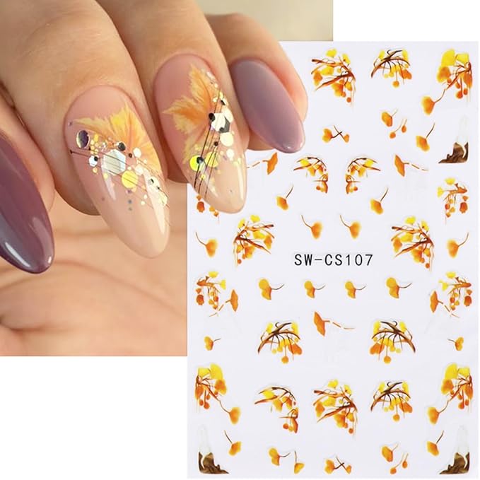 6 Sheets Fall Maple Leaf Nail Stickers Thanksgiving Nail Art Stickers 3D Self-Adhesive Gold Maple Leaves Nail Decals Autumn Fallen Leaves Ginkgo Leaf Nail Decoration for Women Girls Nail Art Designs
