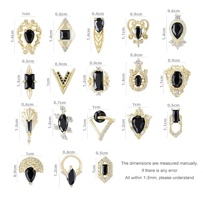 HNUIX Nail Charms and Gems - Gold Copper Zircon, Multiple Shapes, Metal BlackJewelry Rhinestones Charms, 18 Pieces