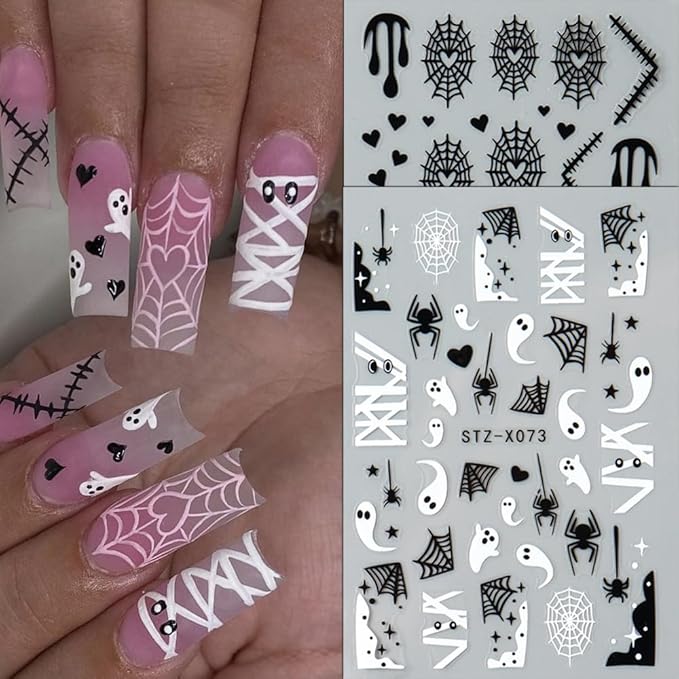 6Pcs Halloween Nail Stickers 3D Spider Web Nail Decals DIY Self Adhesive Ghost Cobweb Nail Design Halloween Nail Decoration Supplies Holiday Manicure Accessories for Women Girls