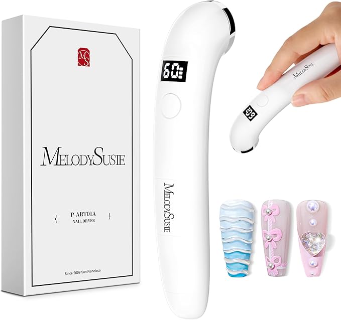 MelodySusie Handheld UV Light for Gel Nails, P-ART01A Cordless UV Nail Lamp with LCD Display& Ergonomic Design, Rechargeable LED Light Flash Cures Soft Gels, Rhinestone Glue & Liner Gel,White