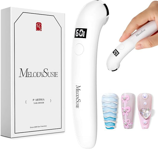 MelodySusie Handheld UV Light for Gel Nails, P-ART01A Cordless UV Nail Lamp with LCD Display& Ergonomic Design, Rechargeable LED Light Flash Cures Soft Gels, Rhinestone Glue & Liner Gel,White
