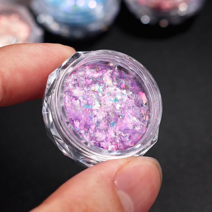4 Jars Mermaid Flake Nail Glitter Sequins, Holographic Opal Powder, Iridescent Ice Crystal Mermaid Nail Art Pigment Sparkly Glitter for DIY Manicure Decorations