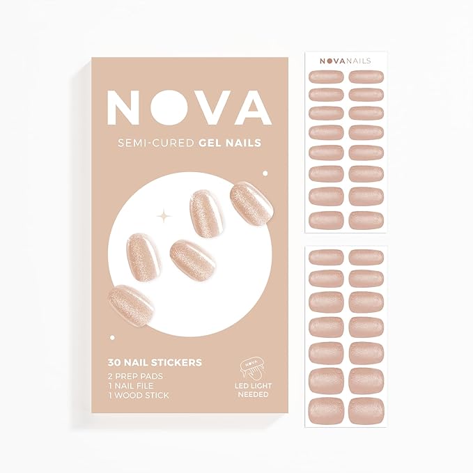 NOVA, Semi Cured Gel Nail Strips (Cashmere) - The 10 Minute Manicure. Salon-Quality, Female Founded, Works with Any Nail Lamp, Easy to Apply & Remove - Incl. Nail File & Wooden Stick (Cashmere)