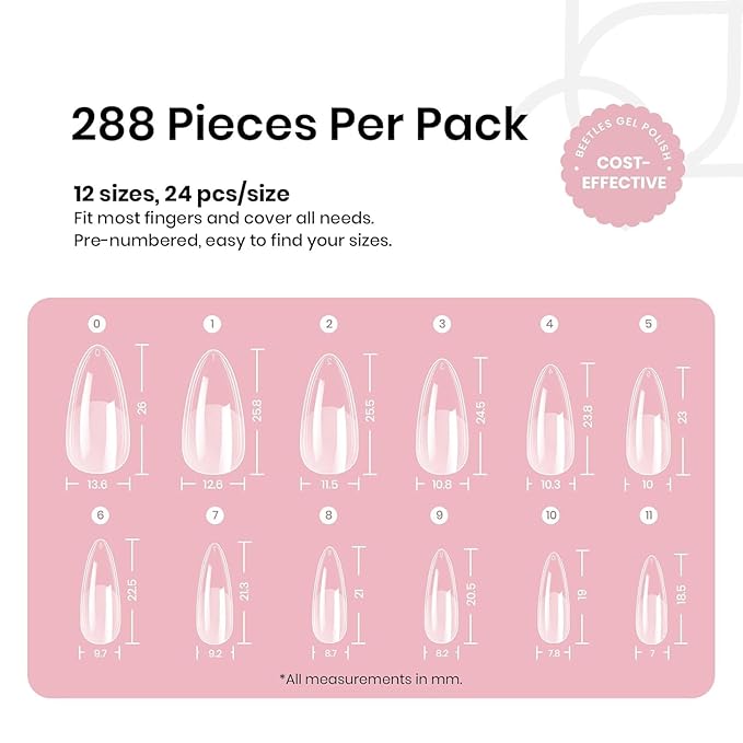 Beetles Gel Nail Tips Medium Almond Etch X Nail Tips, 12 Sizes 288 PCS Half Matte Full Cover False Nails Clear Acrylic Nails Glue on Nails DIY Gift for Women