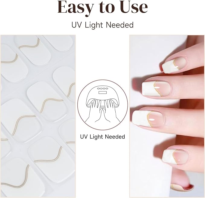 Semi Cured Gel Nail Strips, 28 pcs Gel Nails Stickers for Women Work with Any UV Lamp, Long Lasting Nail Wraps for Home DIY Nails Art (Gilded French)