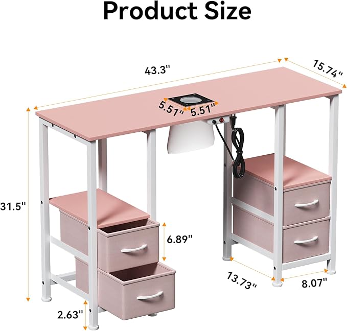Manicure Table for Nail Tech, Nail Tech Table Station w/4 Storage Drawers & 2 Open Shelves, Nail Table w/Dust Collector for Beauty Salon Tech Station (Pink)