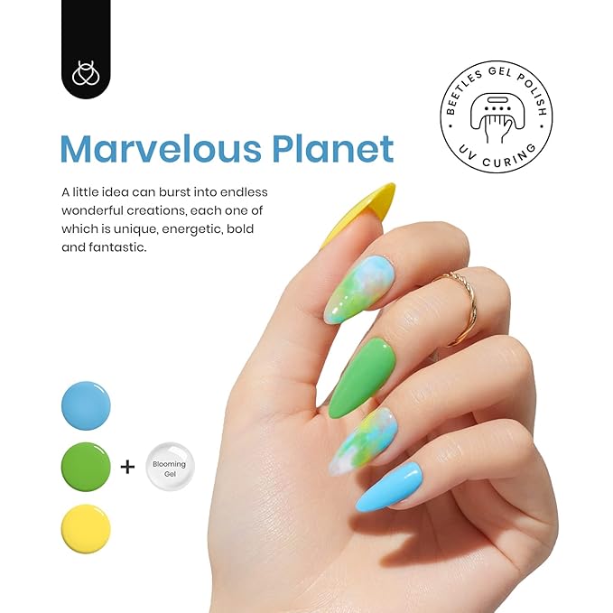 Beetles Christmas Gel Nail Polish with Blooming Gel, 5 Colors Neon Pink Green Blue Purple Yellow Nail Polish Clear Blooming Polish for Spreading Effect with 2 Nail Art Brushes Nail Art Set for Women