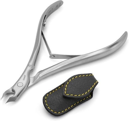 GERMANIKURE Tower Point Cuticle Trimmer - 1/2 Half Jaw Nipper - Ethically Made in Germany - FINOX Stainless Steel Professional Sharp Cuticle Remover in Leather Case – Manicure Tool, r145, 5mm