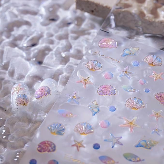 5D Embossed Ocean Nail Art Stickers Decals Self Adhesive Seashell Starfish Nail Decals Sea Creature Designs Summer Nail Stickers Marine Life Manicure Sliders for Women DIY Nail Art Decorations