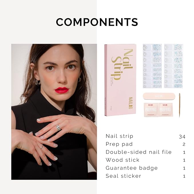 NAILOG Semi Cured Gel Nail Strips 34 pcs, Buy 2 Get 1 UV Lamp, Salon-Quality Gel Nail Stickers, Semicured Nail Wraps with Soft Gel Finish | Quartz