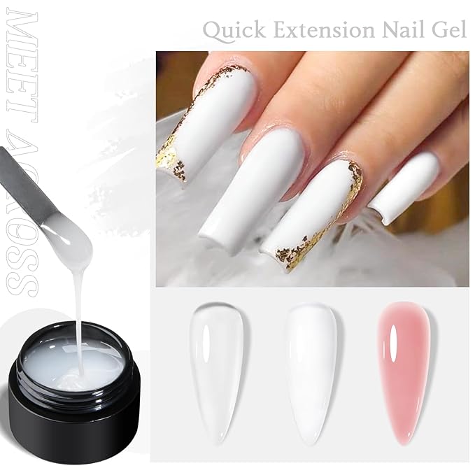 MEET ACROSS Poly Nail Gel 8Pcs Nail Extension Gel Set and Nail Extension Starter Kit for Beginners Nail Art DIY Home Gifts for Women (Clear + White + Pink, 8pcs)