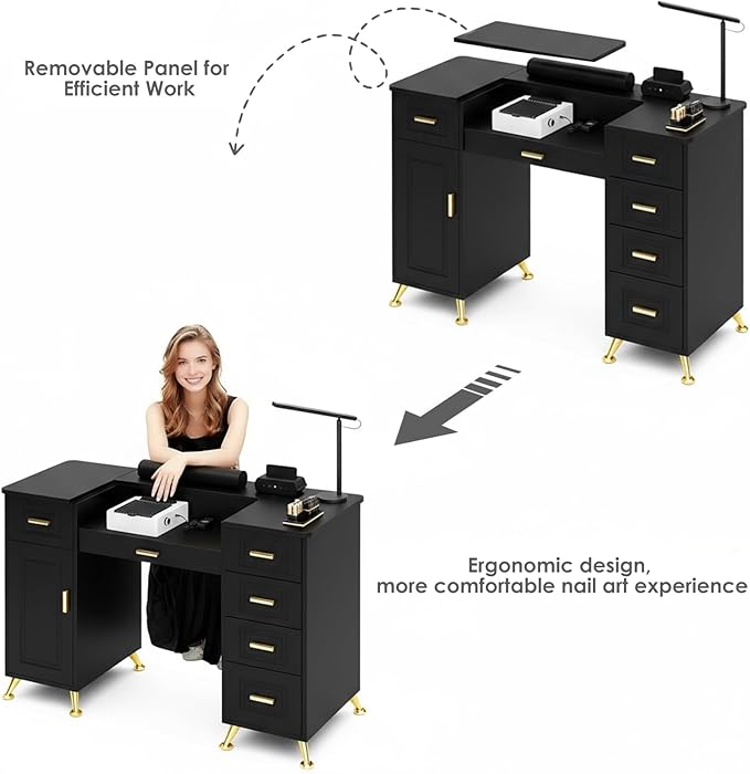 Manicure Table with Removable Panel, Nail Tech Desk with Dust Collector, Drawers & Storage, Nail Station for Salon or Home Studio (Black)