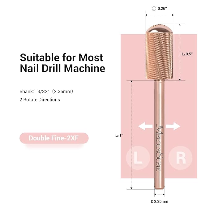 MelodySusie Safety Nail Drill Bits, 3/32'' Smooth Round Top Large Barrel Carbide Bits, Suitable for Manicure Pedicure Cuticle Gel Polishing, Beginners Bits, Rose Gold, Series Bit-S, Double Fine