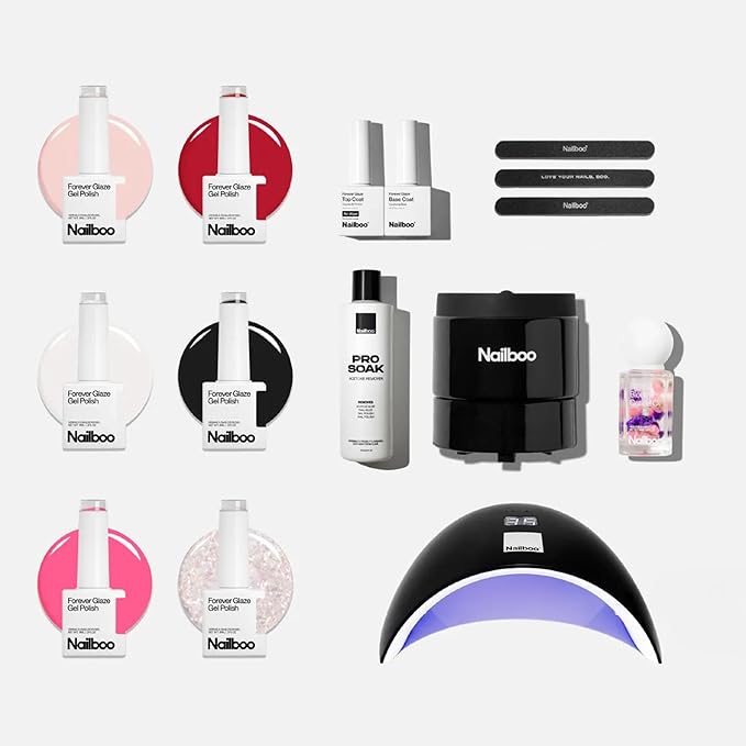 Nailboo Gel Nail Polish Kit with UV Nail Lamp - 6 Forever Glaze Gel Polishes, Acetone, Electric Soak Off Remover, Base & Topcoats, 3 Nail Files, Cuticle Oil, Salon Quality, Long Lasting Results