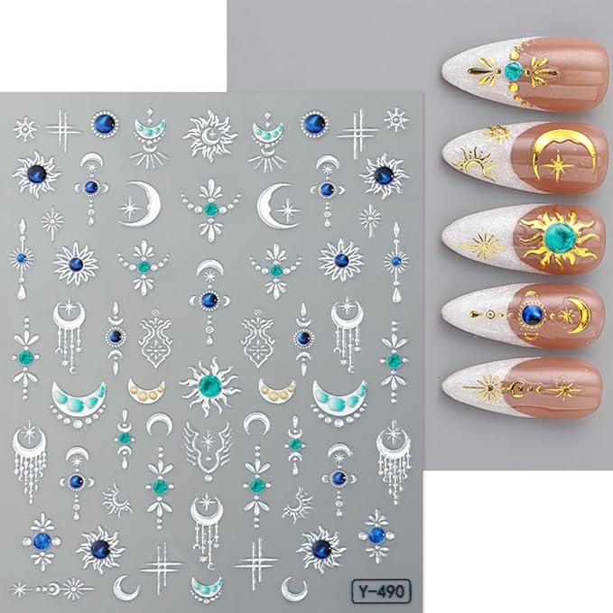 Gold Silver Star Sun Moon Nail Stickers for Nail Art 3D Self-Adhesive Stars Sun Moon Nail Tip Decals Spring Summer Fall Daily Design Manicure Decoration Accessories Stickers for Women DIY Nails