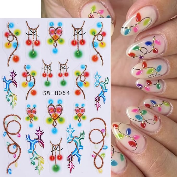4Pcs Christmas Nail Stickers Santa Claus Snowman Nail Decals DIY Self Adhesive Christmas Tree Poinsettia Flowers Colored Lights Design Nail Decoration Supplies Holiday Manicure Accessories for Women
