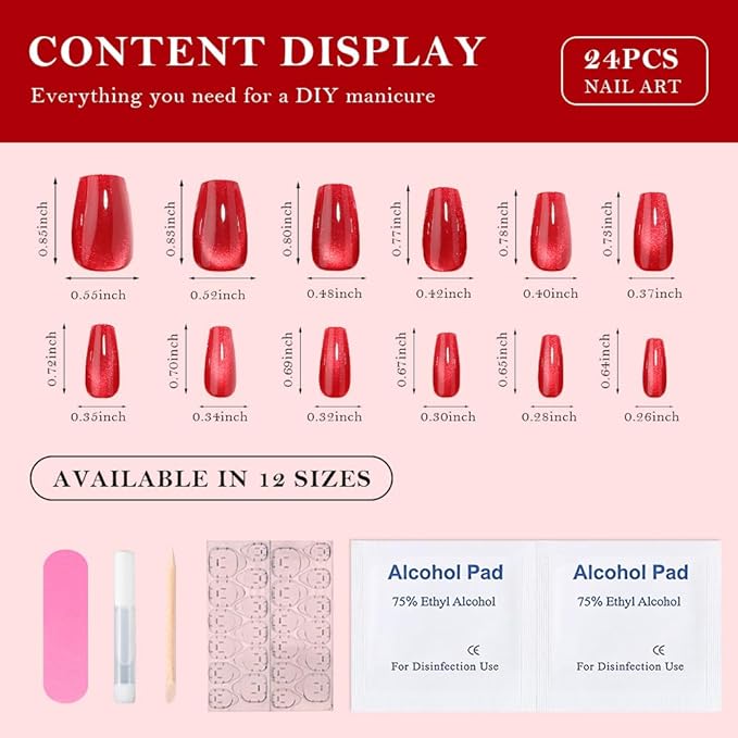 evpct Red Cat Eye Press on Nails Square Medium Coffin, Medium Square Glue on Nails for Women Gift, Red Metallic Glitter Glossy Reusable Spring Summer Stick Gel Press on Acrylic Fake Nail with Designs