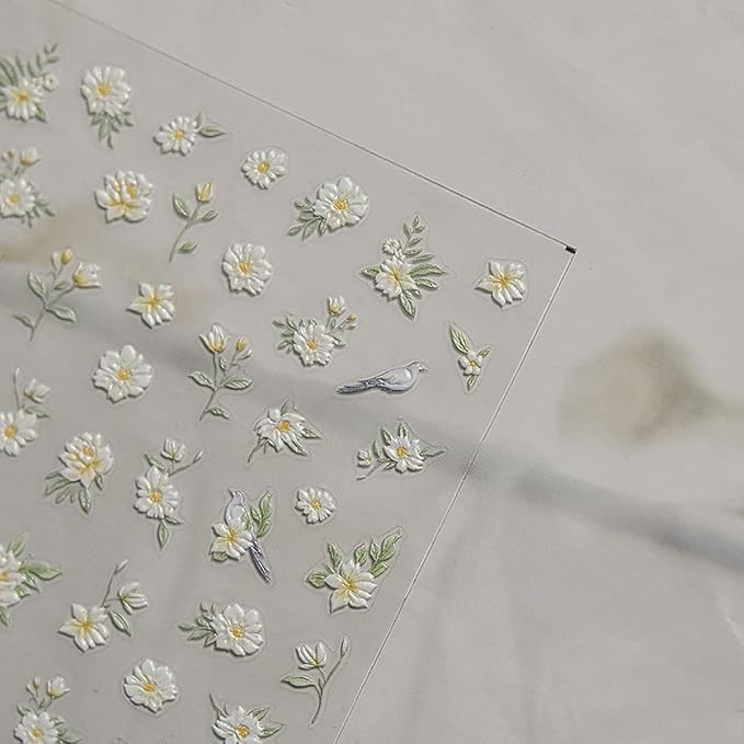 1 Sheet Flower Nail Decal with Leaf Design, Yellow White Gradient Floral Nail Art Stickers, 5D Embossed Self-Adhesive Nail Stickers for Women DIY Spring Summer Flower Manicure Art Supplies