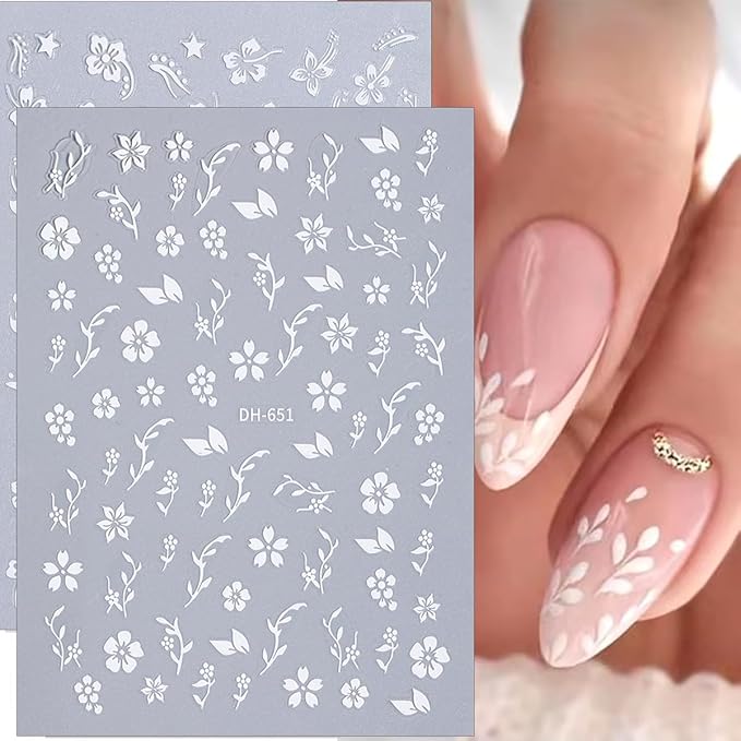 6 Sheets Flower Nail Stickers 3D Metallic Flower Leaf Nails Decals White Silver Gold Floral Nail Art Stickers Self Adhesive Hibiscus Flowers Nail Art Design Sticker for Women DIY Nail Accessories