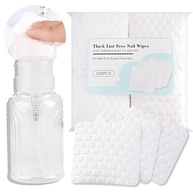 200pcs Nail Polish Remover Lint Free Nail Wipe, Soft Absorbent White Cotton Pad for Eyelash Extension Glue Cleaner Soak To Remove Acrylic Gel Push-Down Pump Dispenser Bottle 290ml(9.81fl.oz)