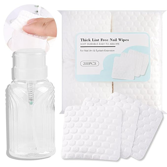 200pcs Nail Polish Remover Lint Free Nail Wipe, Soft Absorbent White Cotton Pad for Eyelash Extension Glue Cleaner Soak To Remove Acrylic Gel Push-Down Pump Dispenser Bottle 290ml(9.81fl.oz)