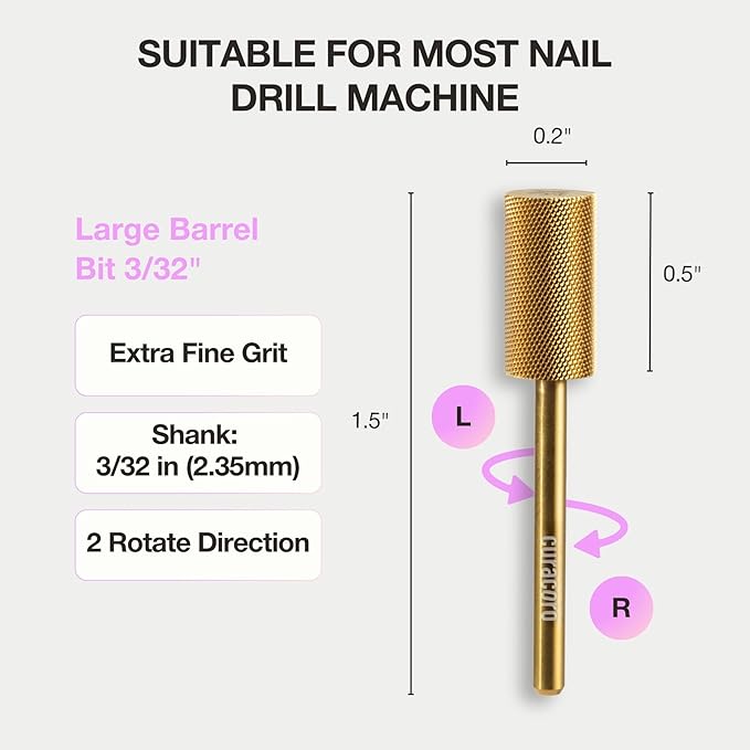 Curacoro Nail Drill Bits 3/32'' - Safe Smooth Stop Large Barrel Carbide Bit (Extra Fine) for Flawless, High-Shine Finish, Refine & Perfect Nail Enhancements, Nail Art Pedicure Manicure Salon & Home